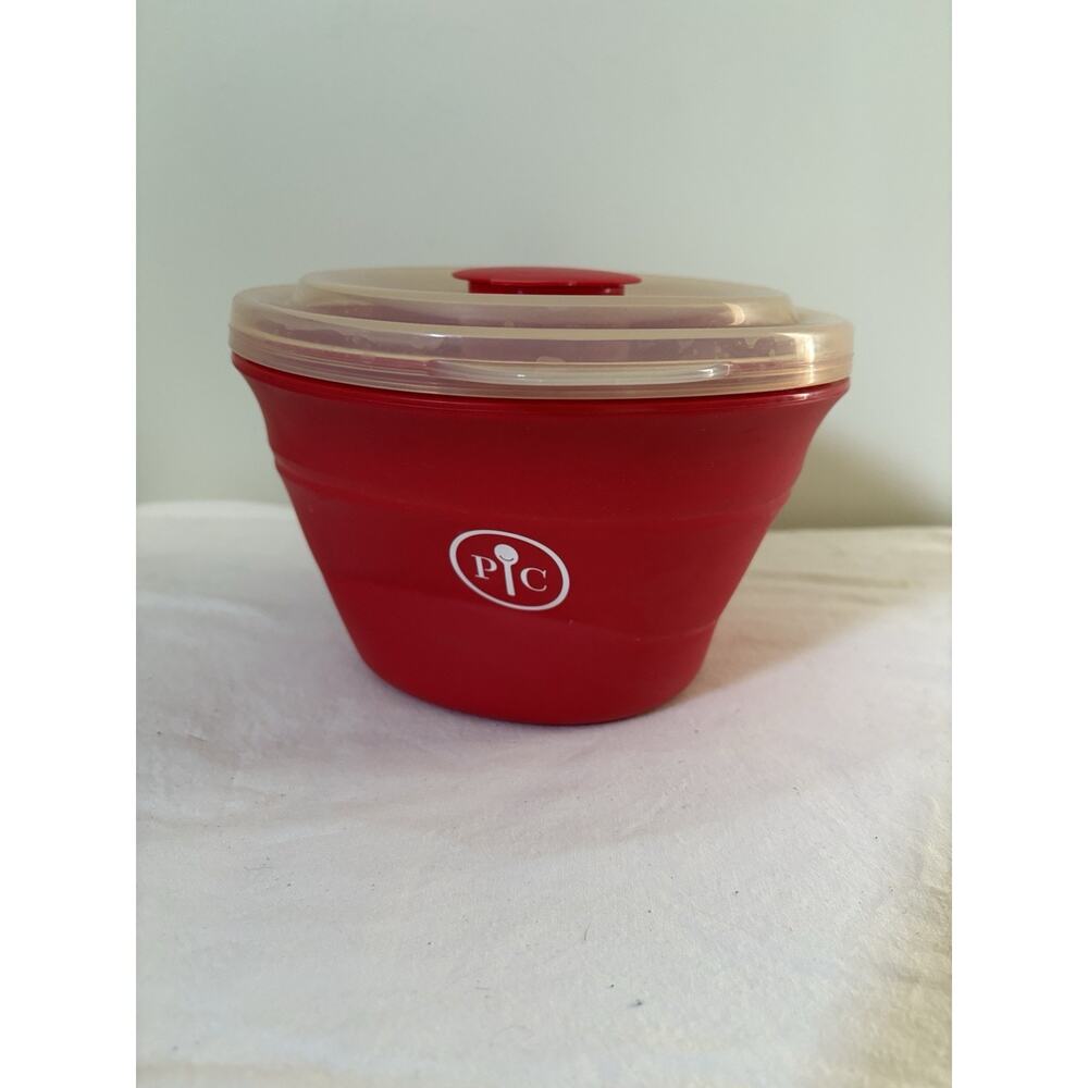 Pampered Chef Microwave Popcorn Maker Popper Red Silicone Collapsible Bowl Large